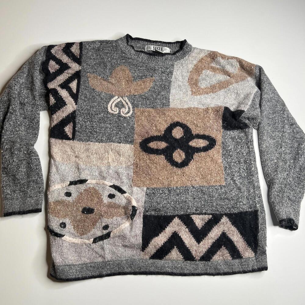 Vintage Segue Sweater Women’s L Silk Angora Wool‎ Blend Abstract Patchwork 90s